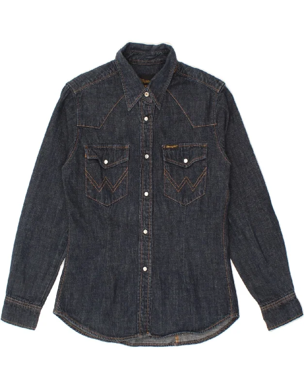 WRANGLER Womens Denim Shirt UK 10 Small Navy Blue Cotton Stylish Crew Neck Shirt