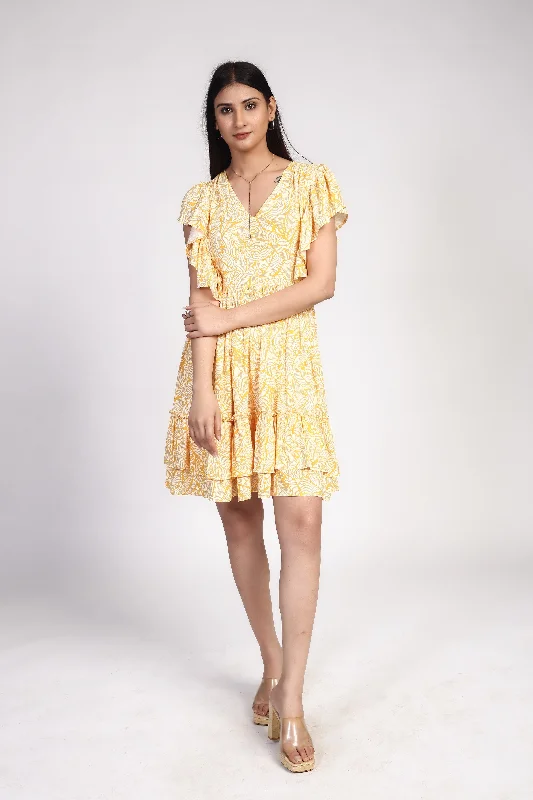 YELLOW LEAF COTTON MINI DRESS Cozy Ruched Mini Dress