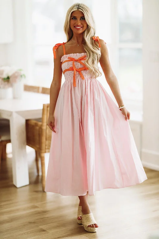 Your Crush Midi Dress - Pink and Orange Trendy Off-Shoulder Button Midi Dress