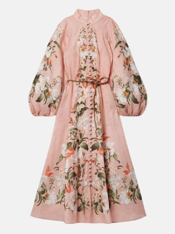 Lexi Belted Floral Print Linen Midi Dress in Pink Stylish High-Waisted Midi Dress