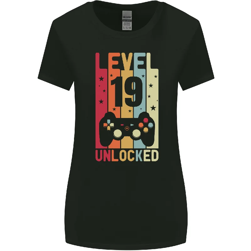 19th Birthday 19 Year Old Level Up Gaming Womens Wider Cut T-Shirt Zippered Front Buttoned Front Snap Front