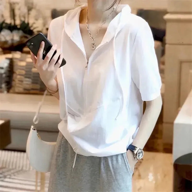 Summer Hooded T-shirt Women Korean Loose All-match White Casual Tops Stitching C Sequined Glittery Shiny Summer Hooded T-shirt Women Korean Loose All-match White Casual Tops Stitching C Sequined Glittery Shiny