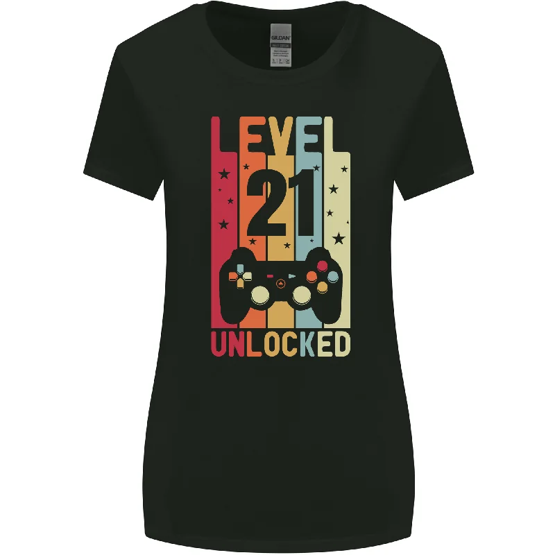 21st Birthday 21 Year Old Level Up Gaming Womens Wider Cut T-Shirt Spandex Blend Rayon Blend Denim Blend