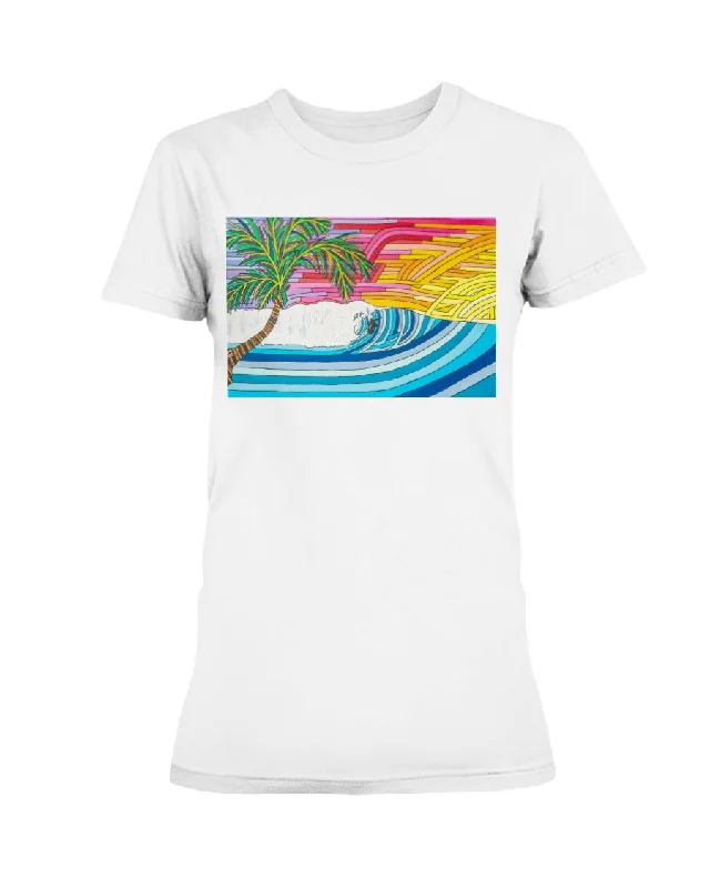 Palm Tree Sunset Surf - Missy T-Shirt Real Fur Shearling Chenille