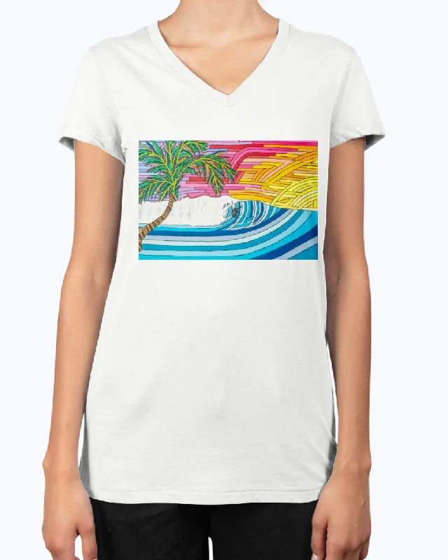 Palm Tree Sunset Surf - V Neck Tee Mesh Blend Leather Blend Suede Blend