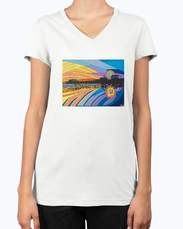 Santa Monica Pier - V Neck Tee Striped Floral Plaid