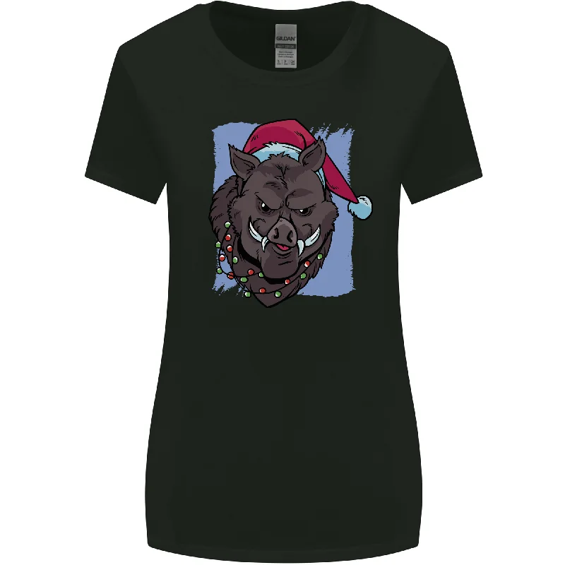 A Christmas Boar Wearing an Xmas Hat Pig Womens Wider Cut T-Shirt Chenille Fabric Brocade Fabric Lace Fabric A Christmas Boar Wearing an Xmas Hat Pig Womens Wider Cut T-Shirt Chenille Fabric Brocade Fabric Lace Fabric