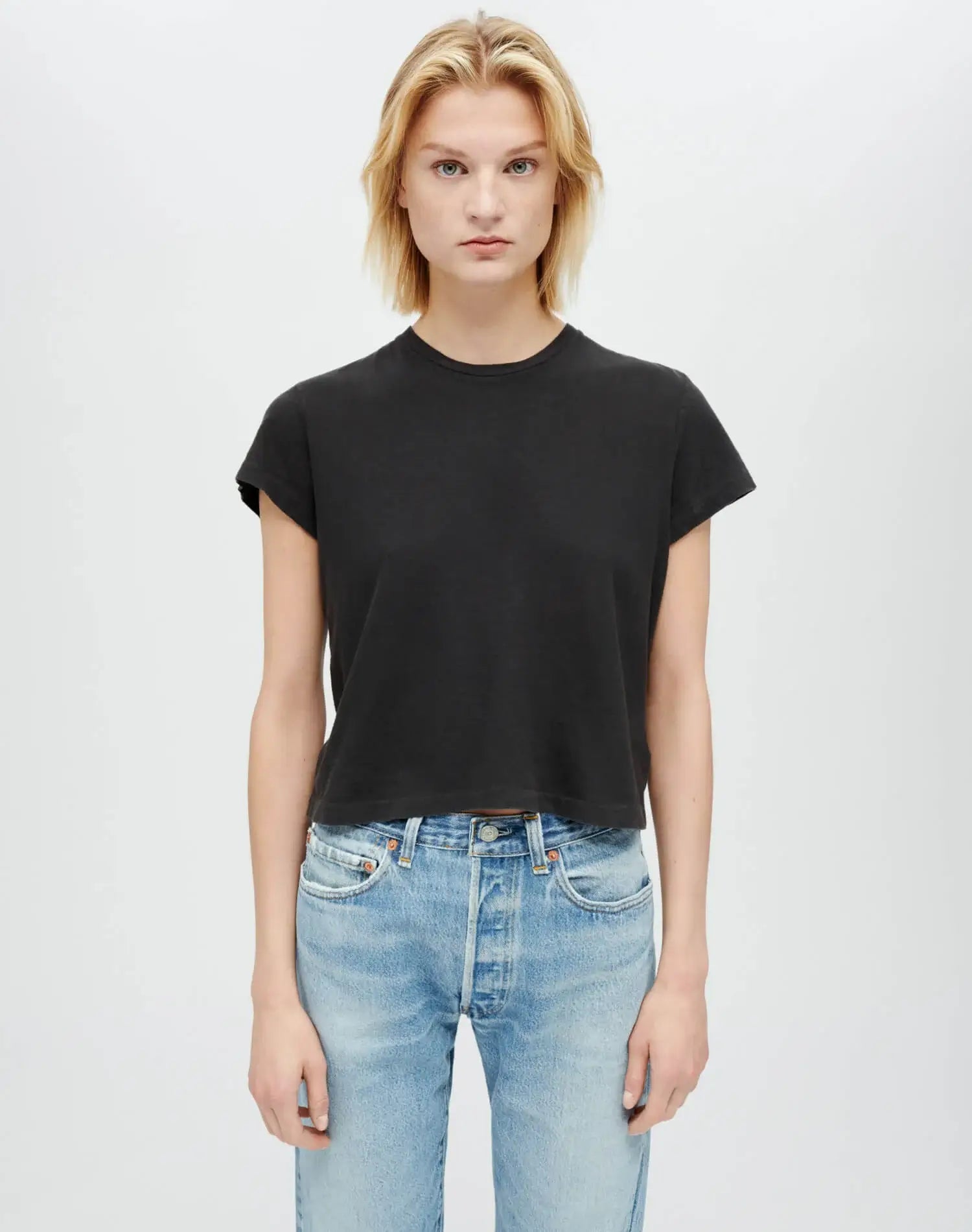 RE/DONE - Boxy Tee in Washed Black Handmade Hand-knitted Hand-woven