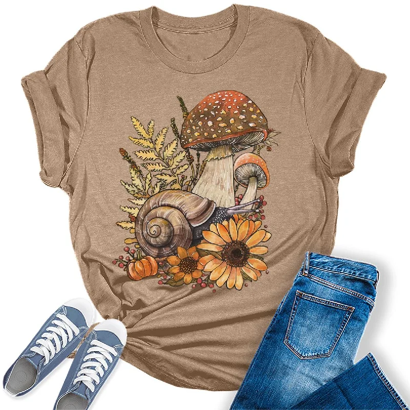 Fall Mushroom Snail Flowers Goblincore Graphic Tees For Women Anti-Shrink Durable Soft