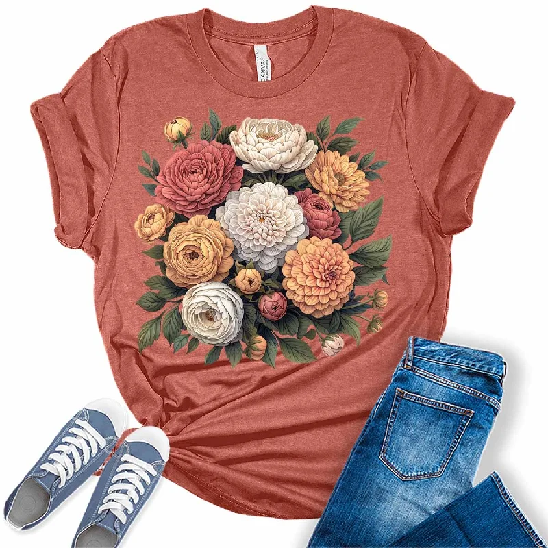 Floral Boho Trendy Summer Womens Graphic Tees Fitted T-Shirt Seamless Stretchy