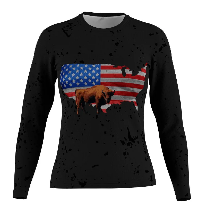 FMR USA Flag Women's Performance Long Sleeve T-Shirt Knit Fabric Woven Fabric Fleece Fabric