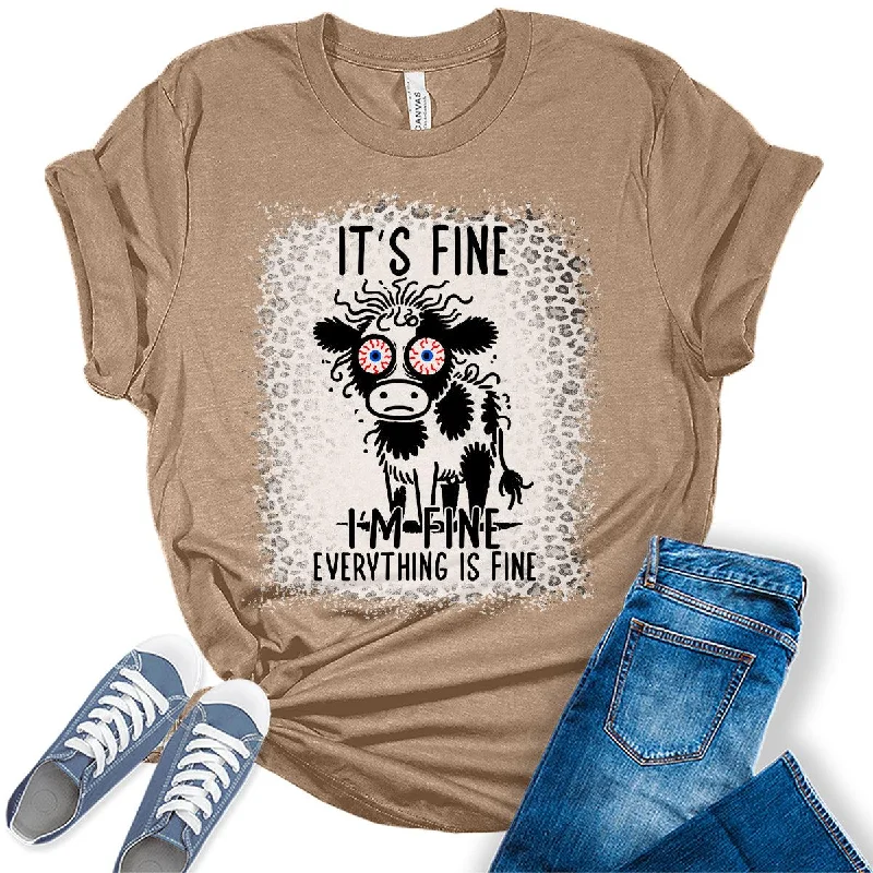 It's Fine I'm Fine Funny Cow Graphic Tees For Women Plaid T-Shirt Polka Dot Checkered