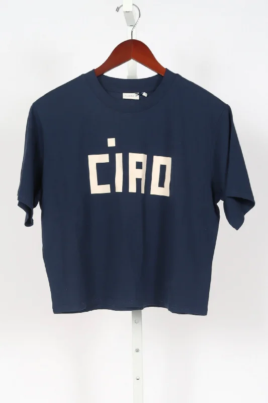 Le Carré Tee - Navy w/ Cream Block Ciao Asymmetrical Pockets Print