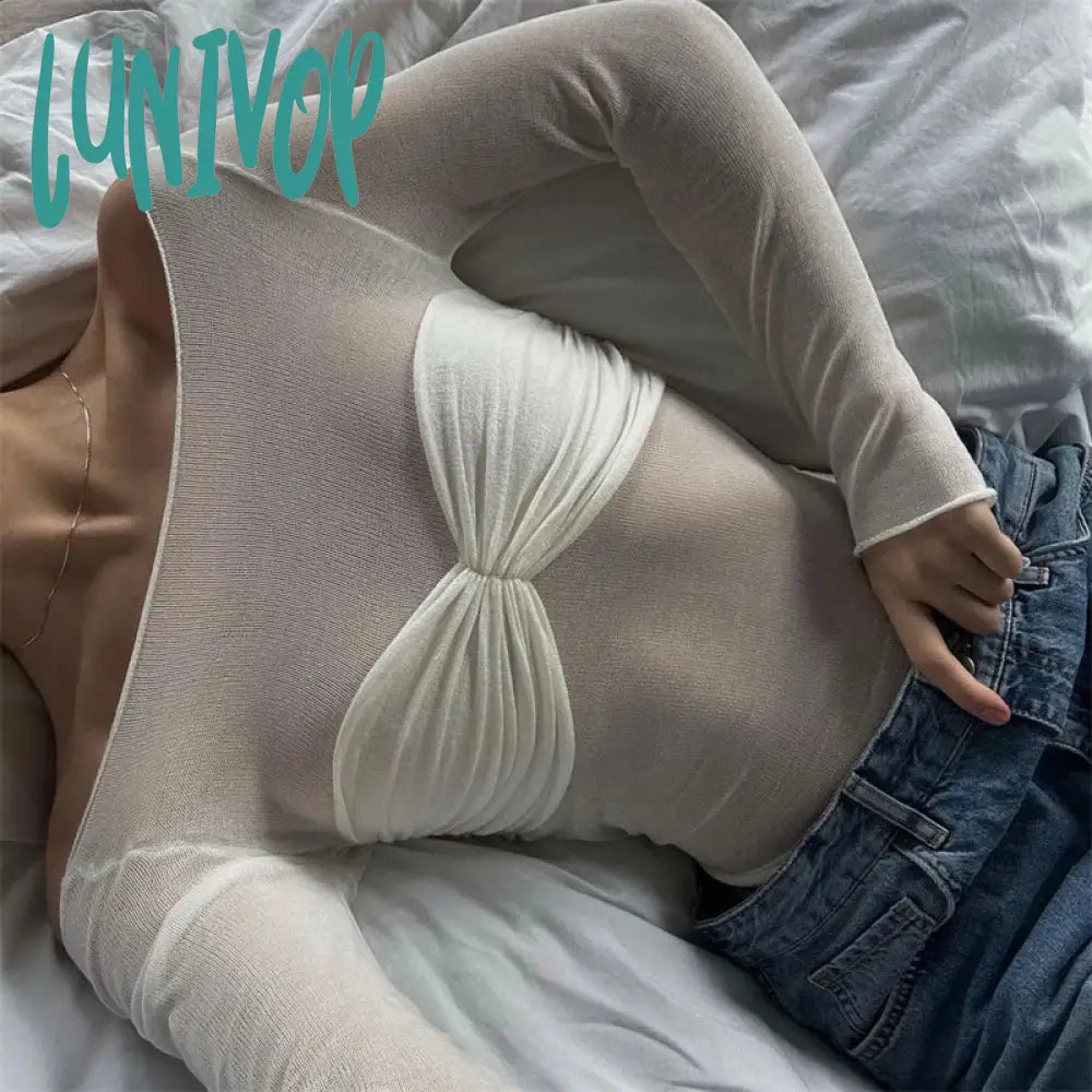 Lunivop Off Shoulder Knit Sheer Tops For Women Summer White Lace Twist T-Shirt Femme Long Sleeve Mesh Tops See-Through Knitted Handmade Hand-knitted Hand-woven Lunivop Off Shoulder Knit Sheer Tops For Women Summer White Lace Twist T-Shirt Femme Long Sleeve Mesh Tops See-Through Knitted Handmade Hand-knitted Hand-woven