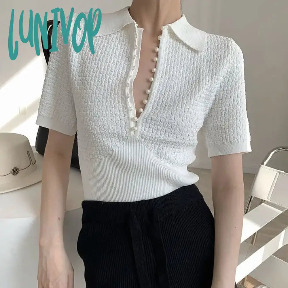 Lunivop White Knitted Polo Tops Women Summer Short Sleeve T-shirt Korean Fashion Pearl Button Basic Knitwear Plaid T-Shirt Polka Dot Checkered Lunivop White Knitted Polo Tops Women Summer Short Sleeve T-shirt Korean Fashion Pearl Button Basic Knitwear Plaid T-Shirt Polka Dot Checkered