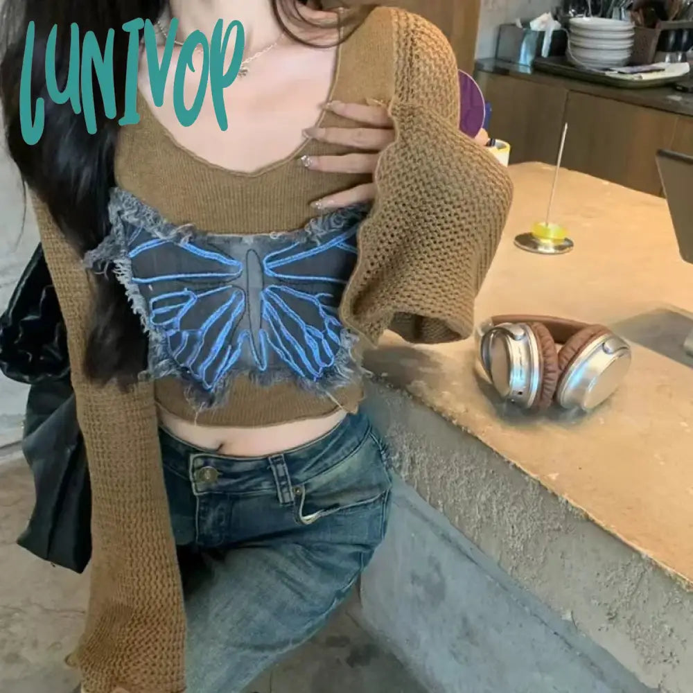 Lunivop Y2K Vintage Women Long Sleeve Crop Tops Denim Butterfly Patch V-Neck Knit T-Shirts Spring Fall Slim Fit Shirts Streetwear Modern Contemporary Chic Lunivop Y2K Vintage Women Long Sleeve Crop Tops Denim Butterfly Patch V-Neck Knit T-Shirts Spring Fall Slim Fit Shirts Streetwear Modern Contemporary Chic