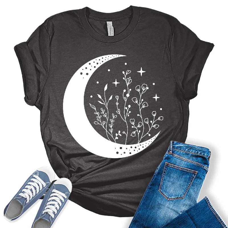 Mandala Crescent Moon Flowers Graphic Tees for Women Embroidered Appliqued Beaded