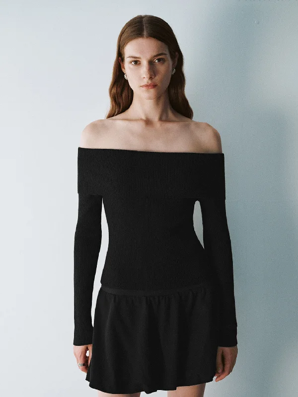 Off-Shoulder Skinny Knitted T-Shirts Zippered Front Buttoned Front Snap Front