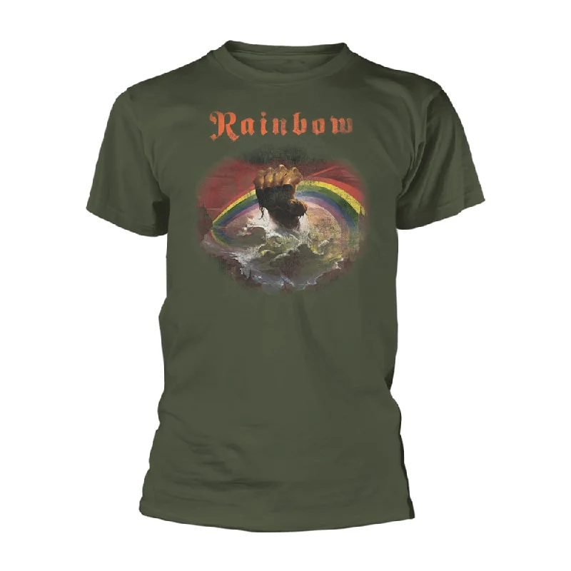 Rainbow | Official Band T-Shirt | Rising Distressed (Military Green) Fashionable Trendy Casual