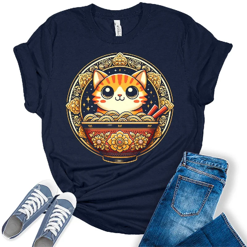 Ramen Cat Japanese Noodles Otaku Lover Graphic Tees for Women Boxy Fit Fitted Loose