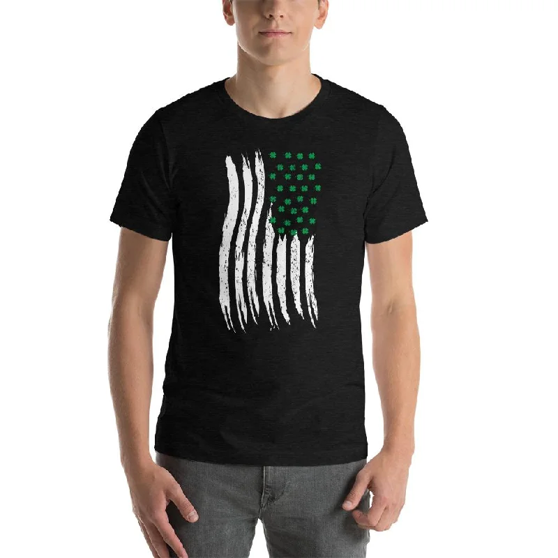 St Patrick's Day Irish American Flag T-Shirt, US Flag with Shamrocks, Vertical American Flag, St Patty's Day Shirt Chenille Brocade Lace