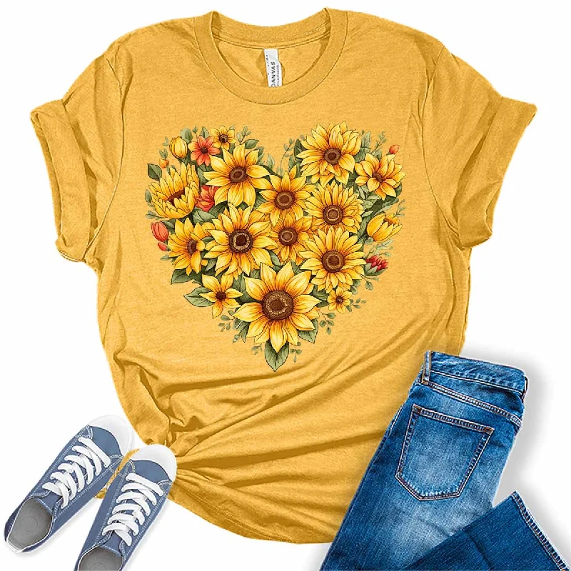 Sunflower Floral Heart Summer Womens Graphic Tee Handmade Hand-knitted Hand-woven