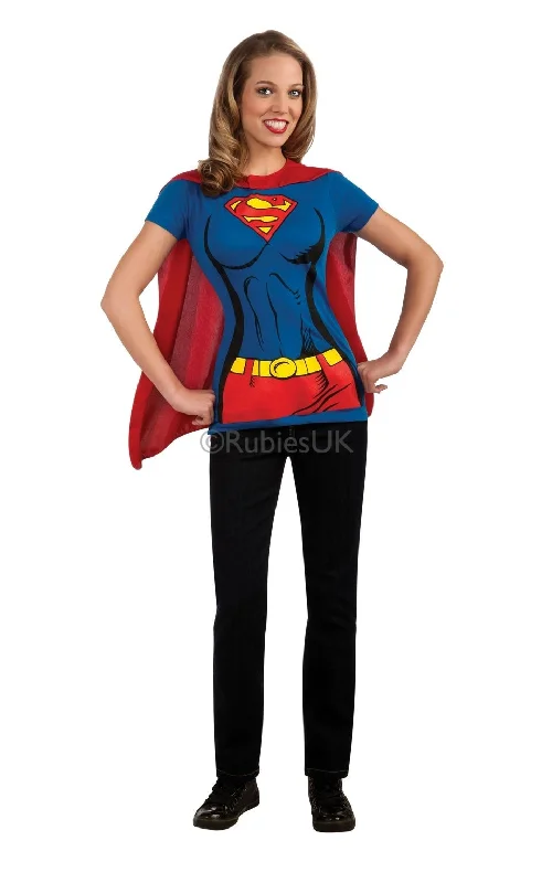 Supergirl T-Shirt Costume Removable Cape Zippered Buttoned Snapped