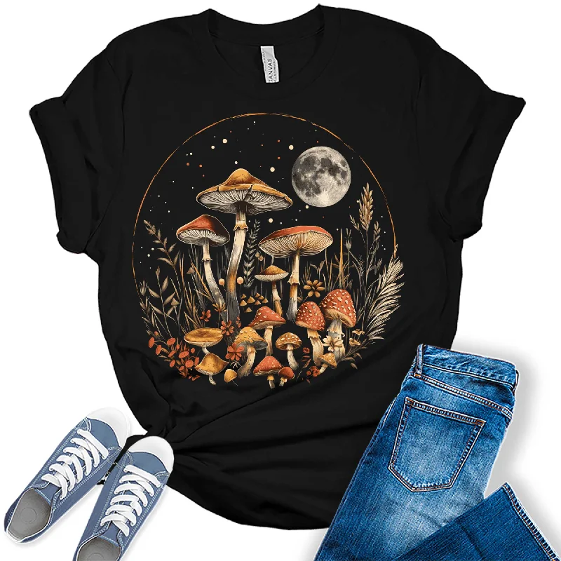 Trendy Mushroom Wildflower Moon Womens Graphic Tees Polka Dot Checkered Tartan