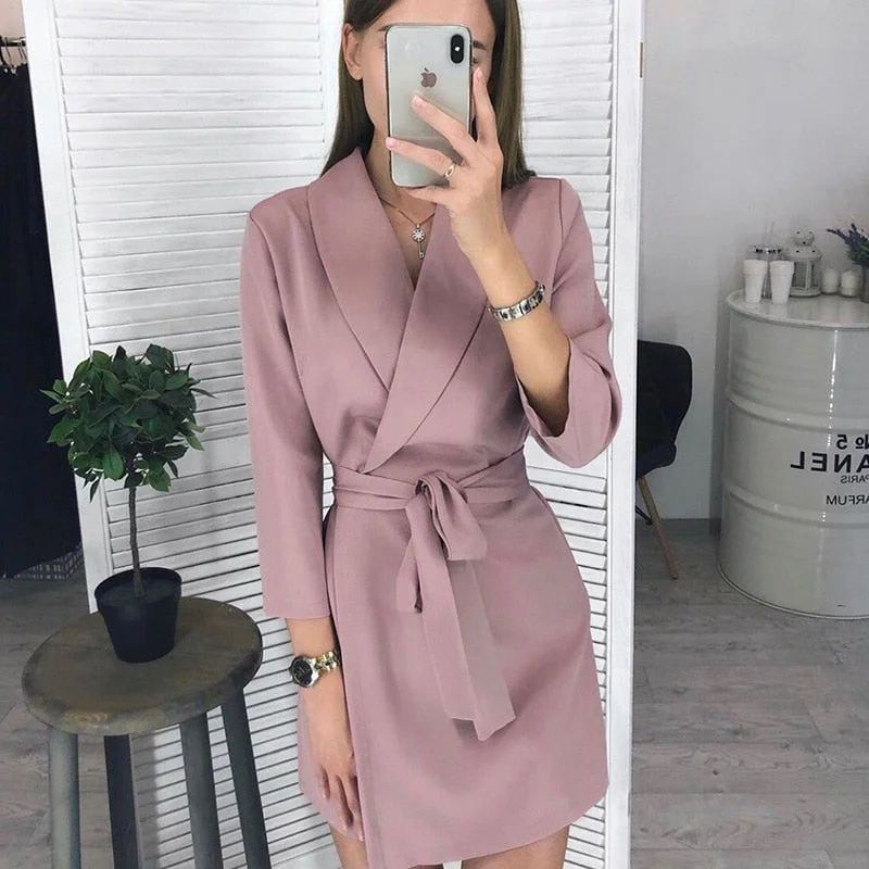 Women Vintage Sashes A-line Party Mini Dress Long Sleeve Notched Collar Solid Casual Comfortable One-Shoulder Mini Dress