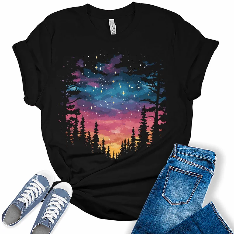 Women's Cute Camping Northern Lights Trendy Forest Graphic Tees Mesh Blend Leather Blend Suede Blend