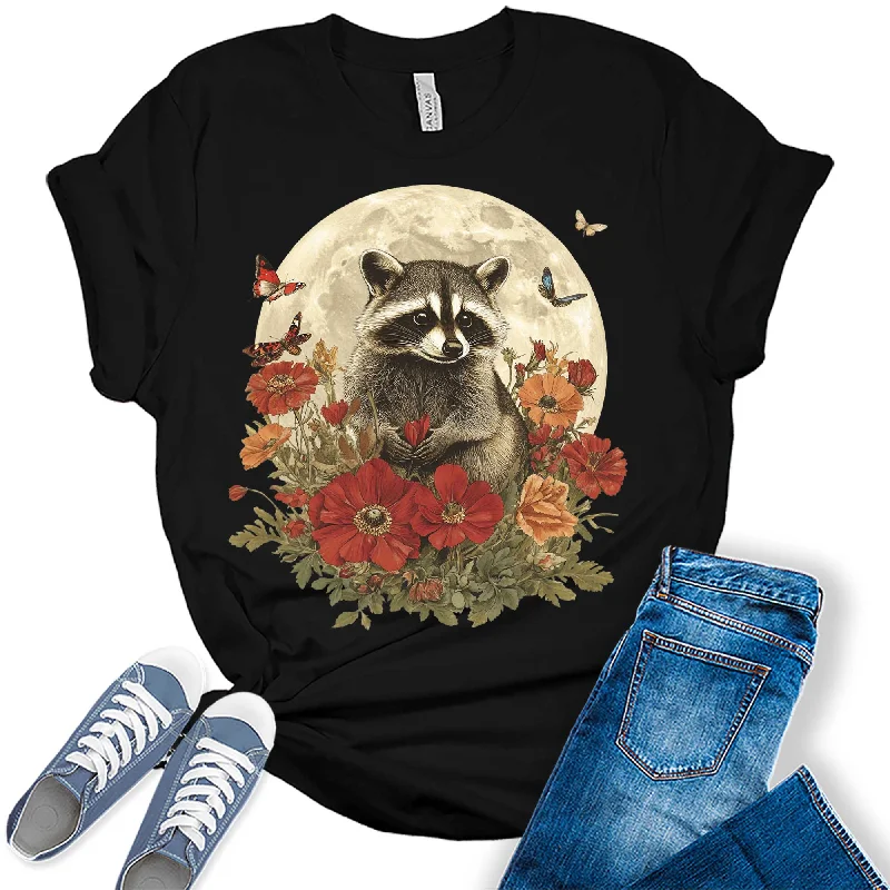 Womens Raccoon Fall Floral Moon Butterflies Graphic Tees Oversized T-Shirt Spandex breathable