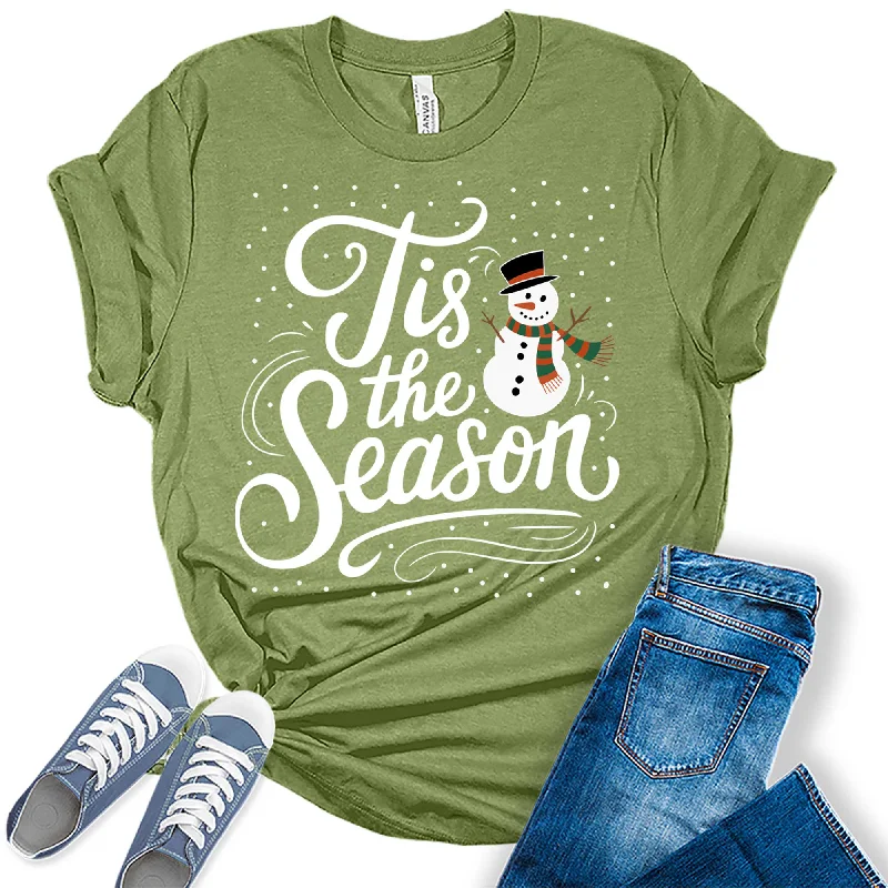 Women's Tis The Season Christmas Snowman Graphic Tees Graphic Embroidered Appliqued