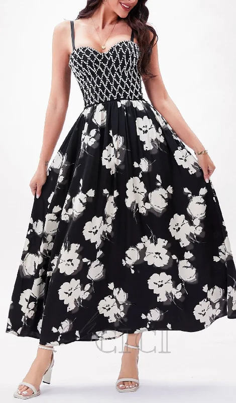 BLACK BEAD FLORAL MAXI DRESS Fashionable Printed Maxi Dress