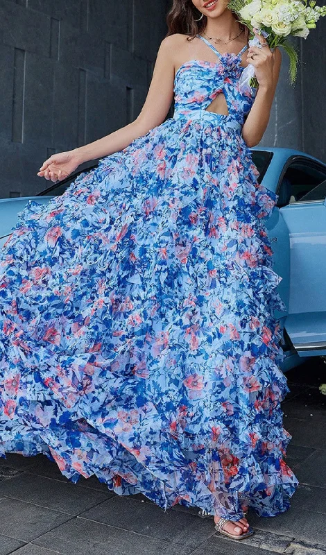 BLUE FLORAL MAXI DRESS Stylish Pleated A-Line Maxi Dress