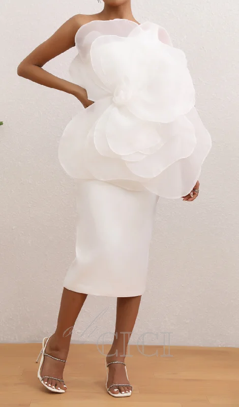 ANDREA MESH FLOWER ONE SHOULDER MIDI DRESS IN WHITE Stylish Cold Shoulder Midi Dress ANDREA MESH FLOWER ONE SHOULDER MIDI DRESS IN WHITE Stylish Cold Shoulder Midi Dress