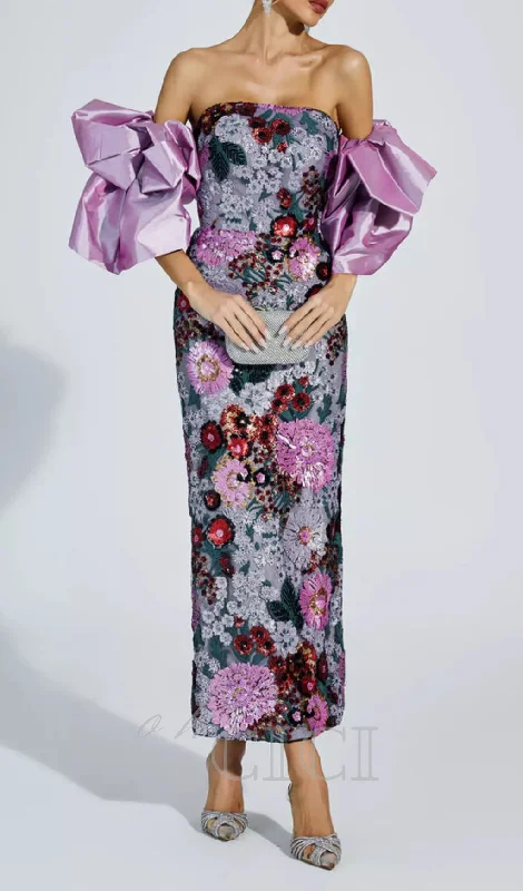 ANGELA MULTICOLOR FLOWER SEQUINS RUFFLED SHOULDER MIDI DRESS Cozy Ribbed Knit Midi Dress ANGELA MULTICOLOR FLOWER SEQUINS RUFFLED SHOULDER MIDI DRESS Cozy Ribbed Knit Midi Dress