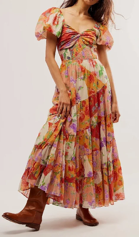 PUFF SLEEVE FLORAL PRINTED MAXI DRESS Elegant Wraparound Maxi Dress