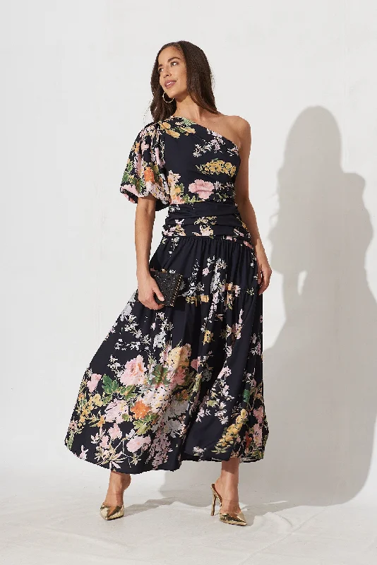 Berlyn One Shoulder Maxi Dress Black With Pink Floral Stylish Off-Shoulder Maxi Dress