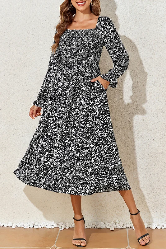 Black Floral Printed Long Sleeve Square Neck Midi Dress Fashionable High-Neck Midi Dress Black Floral Printed Long Sleeve Square Neck Midi Dress Fashionable High-Neck Midi Dress