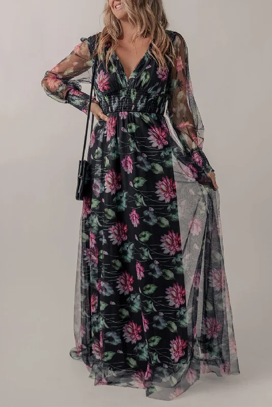 Black Mesh Sheer Shirred High Waist Floral Maxi Dress Classic Solid Maxi Dress