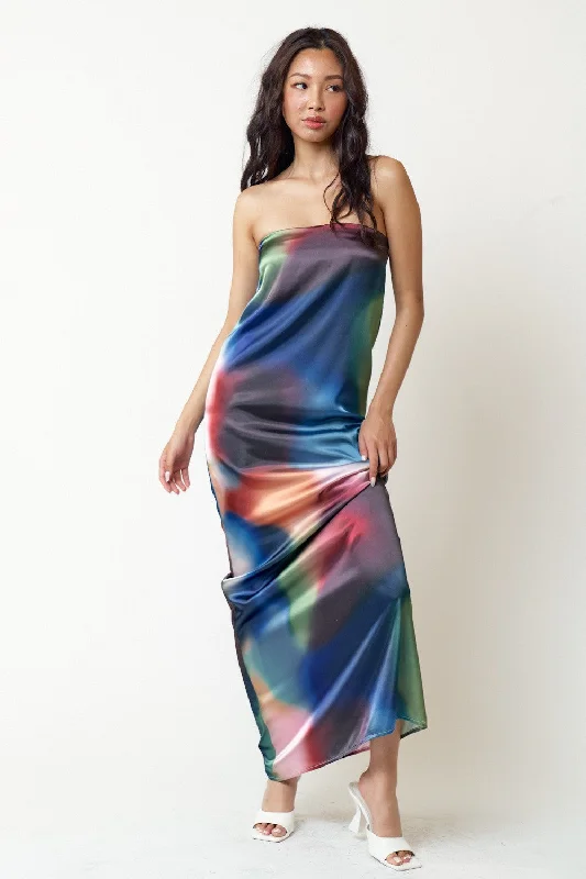 Long Strapless Multicolor Print Maxi Dress Cozy Longline Maxi Dress