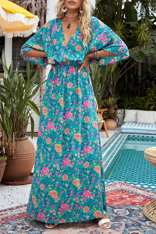 Boho Deep V Neck Floral Maxi Dress Stylish Button-Up Maxi Dress