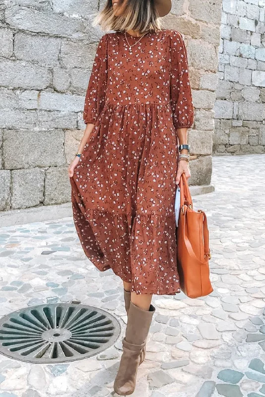Chestnut Floral Print 3/4 Sleeve Ruffle Hem Midi Dress Comfortable Floral Print Midi Dress Chestnut Floral Print 3/4 Sleeve Ruffle Hem Midi Dress Comfortable Floral Print Midi Dress