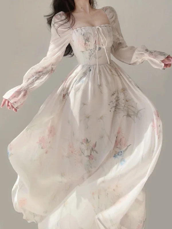 Chiffon Elegant Floral Midi Dress Woman Party Beach Style Long Sleeve Dress Boho One Piece Dress Korean Fashion Summer Trendy Ruffle Hem Midi Dress Chiffon Elegant Floral Midi Dress Woman Party Beach Style Long Sleeve Dress Boho One Piece Dress Korean Fashion Summer Trendy Ruffle Hem Midi Dress