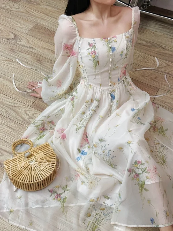 Chiffon Floral Midi Dress Office Lady Summer Elegant One Piece Dress Korean Fashion Beach Style Causal Long Sleeve Sundress Comfortable Sleeveless Midi Dress Chiffon Floral Midi Dress Office Lady Summer Elegant One Piece Dress Korean Fashion Beach Style Causal Long Sleeve Sundress Comfortable Sleeveless Midi Dress