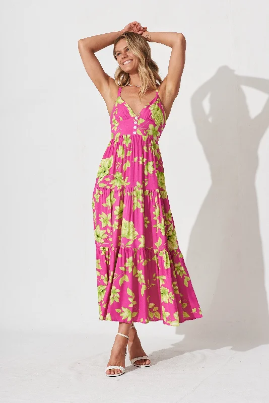 Delanie Maxi Dress In Pink With Green Floral Cozy Knit Maxi Dress