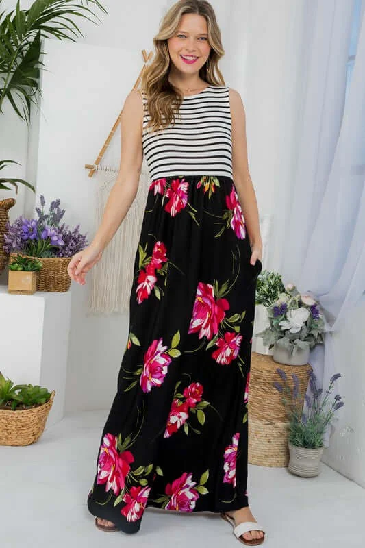 Floral Mix Tank Maxi Dress Cozy Ruffle Sleeve Maxi Dress