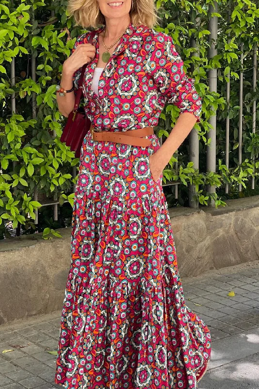 Floral Print Long Sleeve Shirt Bodice Flared Maxi Dress Fashionable Sleeveless Maxi Dress