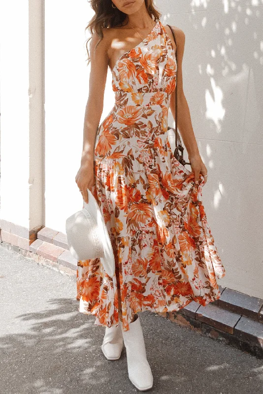 Floral Print Pleated One Shoulder High Waist Maxi Dress Stylish V-Neck Maxi Dress