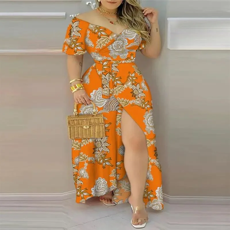 Floral Print Split Thigh Belted Wrap Maxi Dress Stylish Boho Maxi Dress